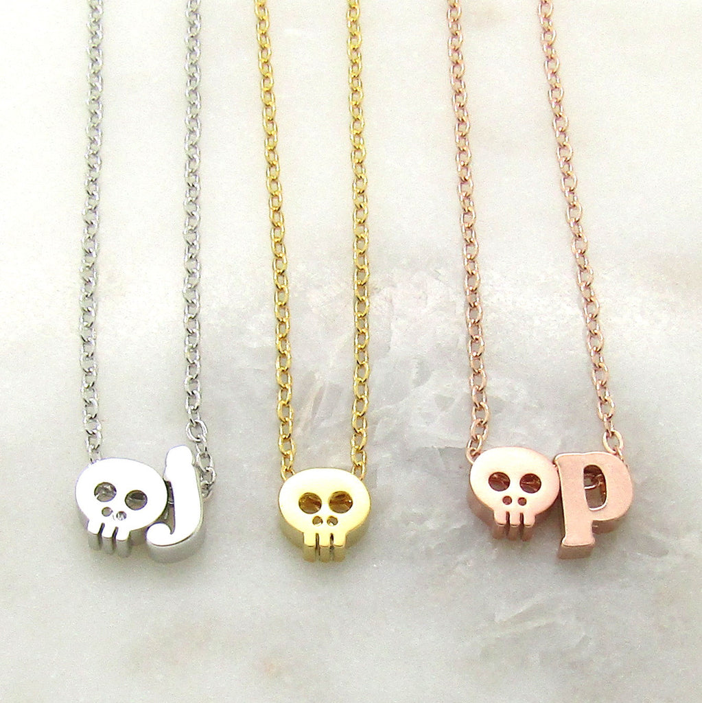 Skull Necklace//Tiny Personalized Skull Choker//Initial Necklace//Halloween Jewelry//Silver Rose Gold or 16k Gold Plated//Skull Jewelry