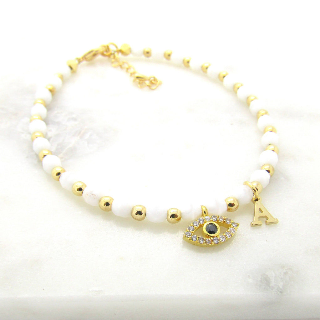 Rose Gold Evil Eye Bracelet-Evil Eye Jewelry-Beaded Evil Eye Bracelet-Evil Eye and Initial Bracelet-Greek Jewelry-Personalized Gifts For Her