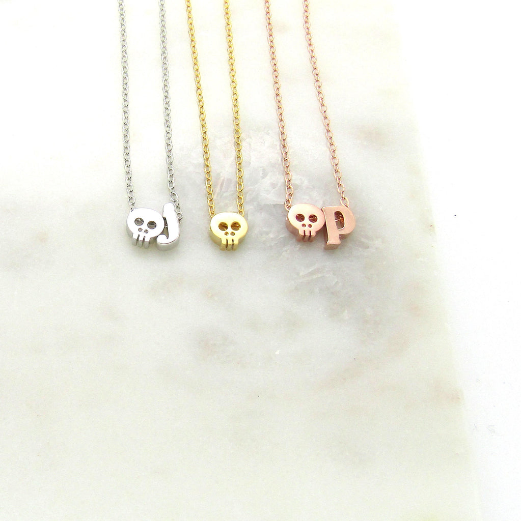 Skull Necklace//Tiny Personalized Skull Choker//Initial Necklace//Halloween Jewelry//Silver Rose Gold or 16k Gold Plated//Skull Jewelry