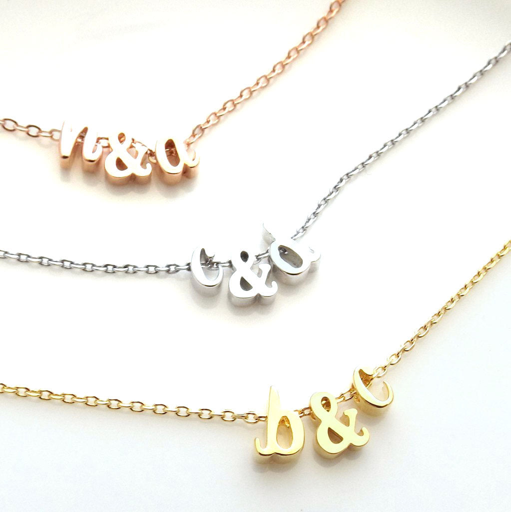 Two (2) Initials and Ampersand (&) Necklace//Silver Plated, Rose Gold Plated or 16k Gold Plated//Custom Lengths To Choose //Gifts for Wife