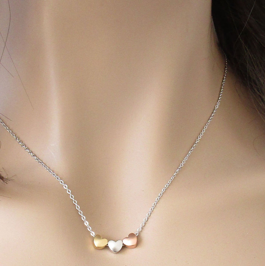 Three heart necklace tri tone sister gift heart necklace jewellery bridesmaid gifts for her silver plated rose gold plated 16k gold plated