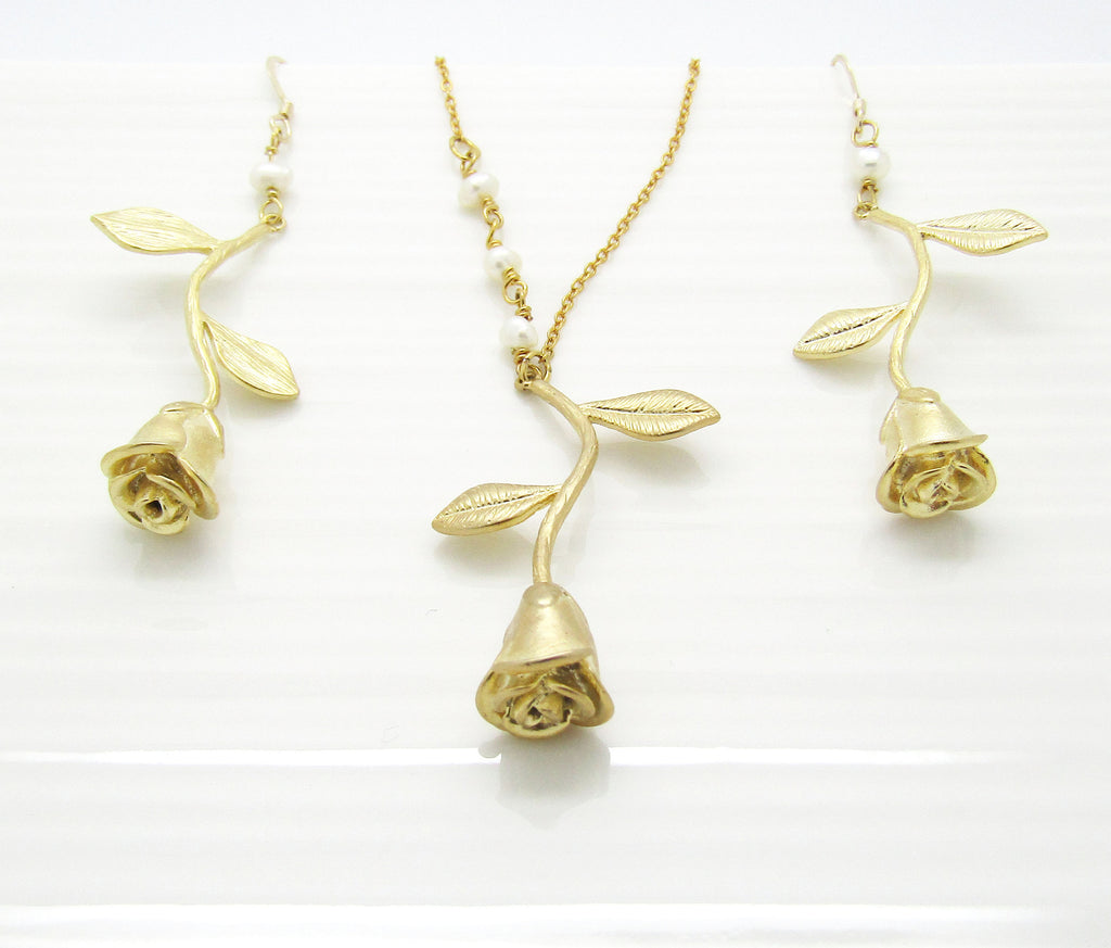 Bridesmaid Necklace and Earrings Set, Silver Rose Gold or Gold Bridesmaid Gift Bridesmaid Jewelry Wedding Jewelry, Rose Jewelry