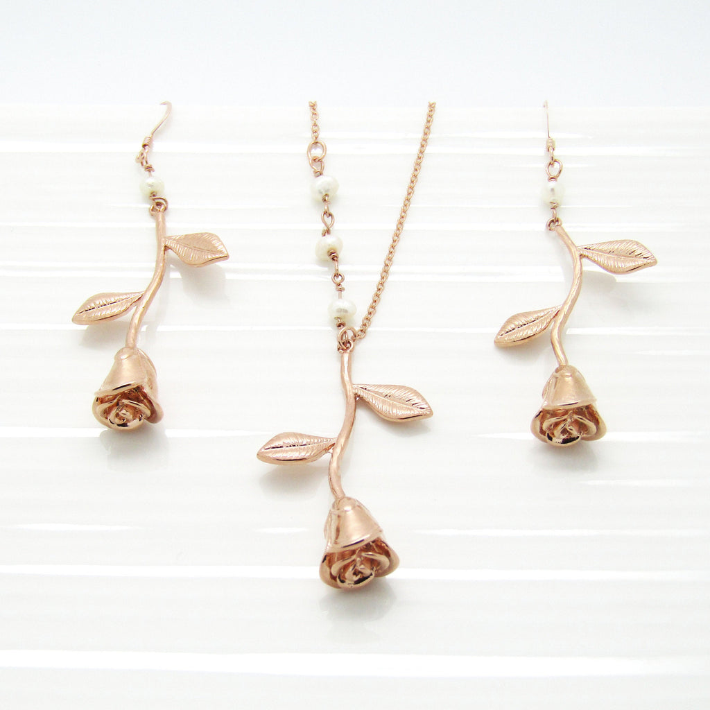 Rose Stem Pendant Necklace and Earrings Set, Silver Floral Spring Wedding Jewellery