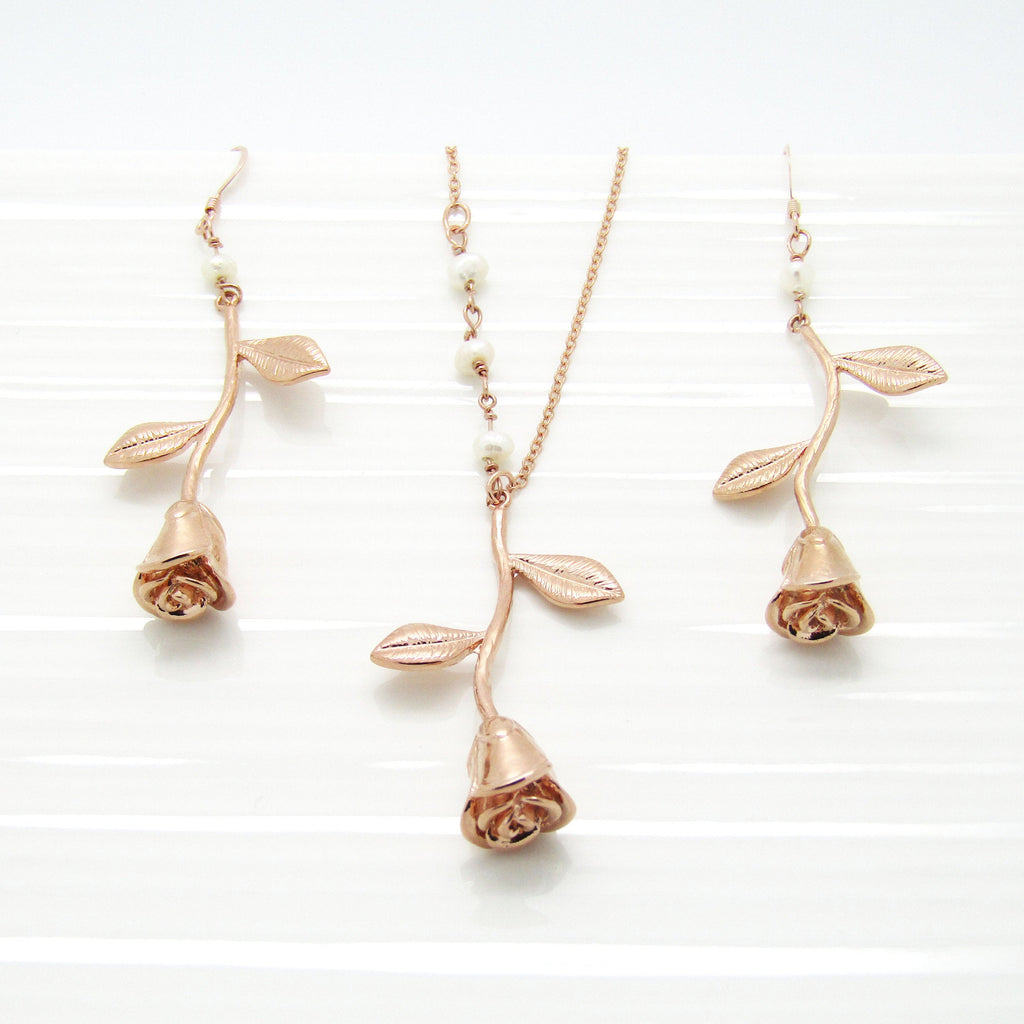 Gold Filled Rose Earrings and Necklace Set Bridesmaid Jewellery, Bridesmaid Gifts ,Bridal Party Gift Idea
