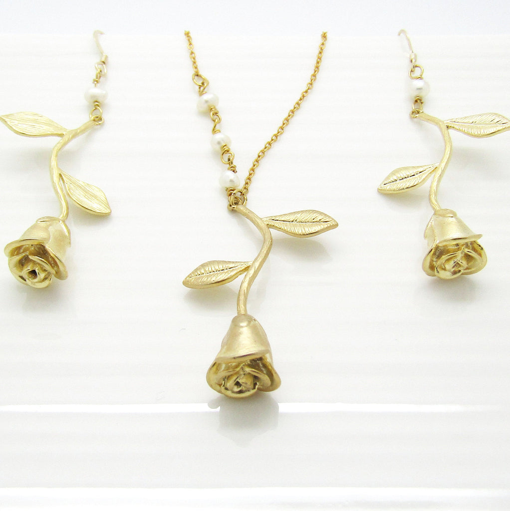 Rose Stem Pendant Necklace and Earrings Set, Silver Floral Spring Wedding Jewellery