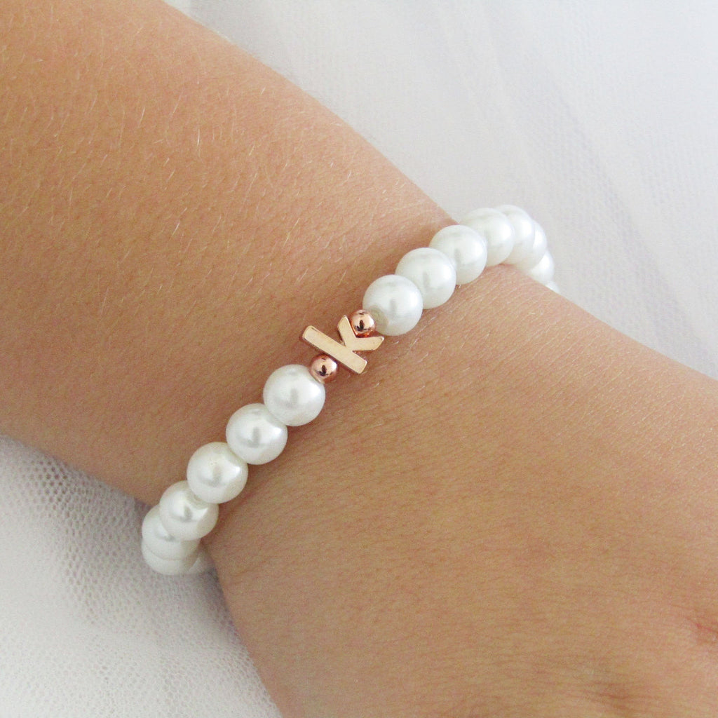Flower Girl Gift, Children's Rose Gold Lowercase Initial Bracelet On Stretch Cord, Flower Girl Gift Idea, Personalized Flower Girl Bracelet