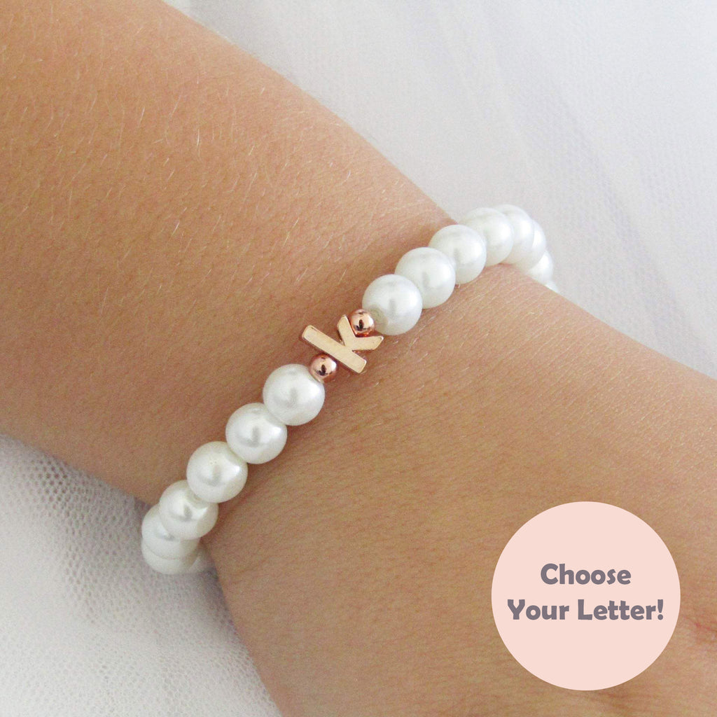 Flower Girl Gift, Children's Rose Gold Lowercase Initial Bracelet On Stretch Cord