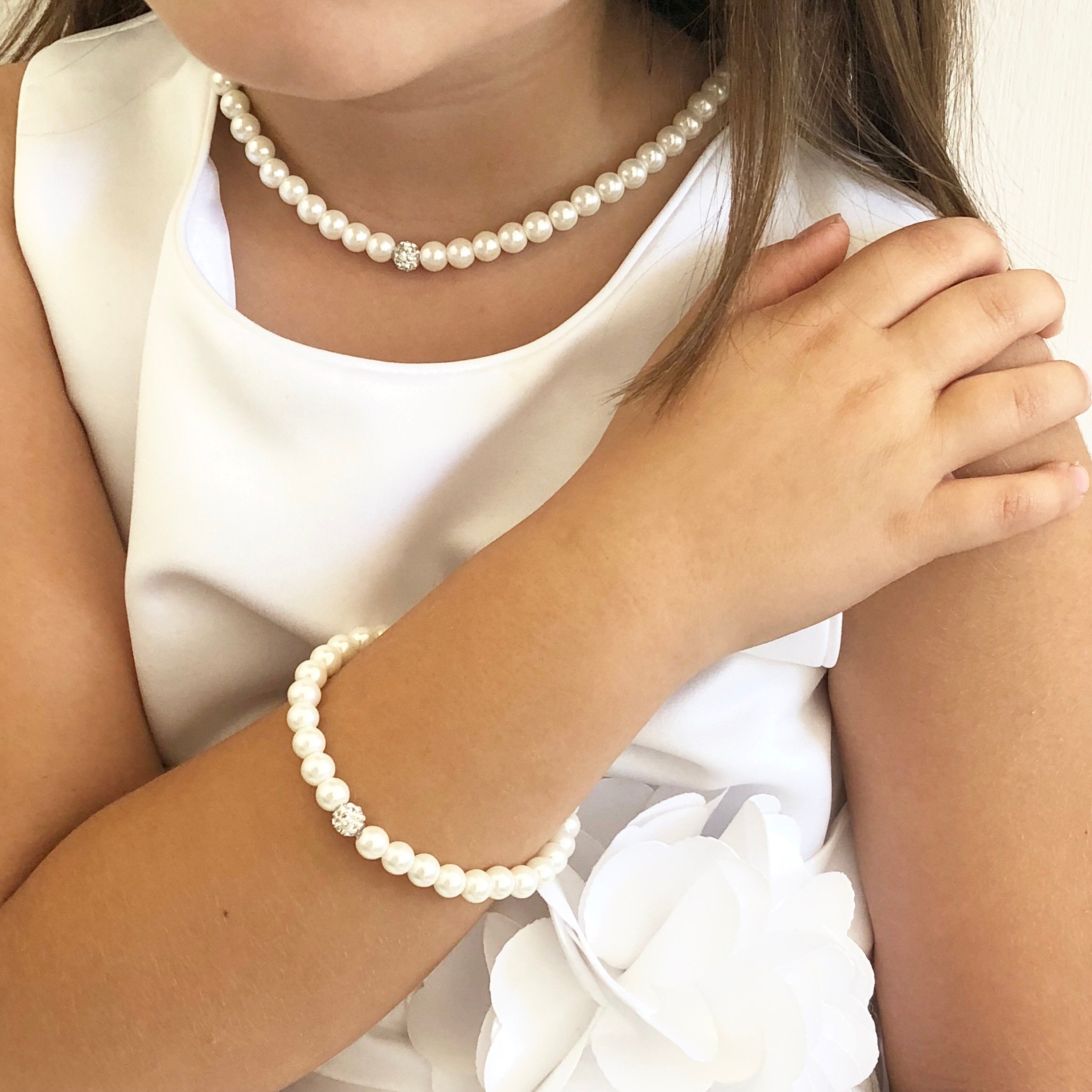 Flower Girl Gift Pearl Jewelry Necklace and Bracelet Set Flower Girl J –  Gemnotic
