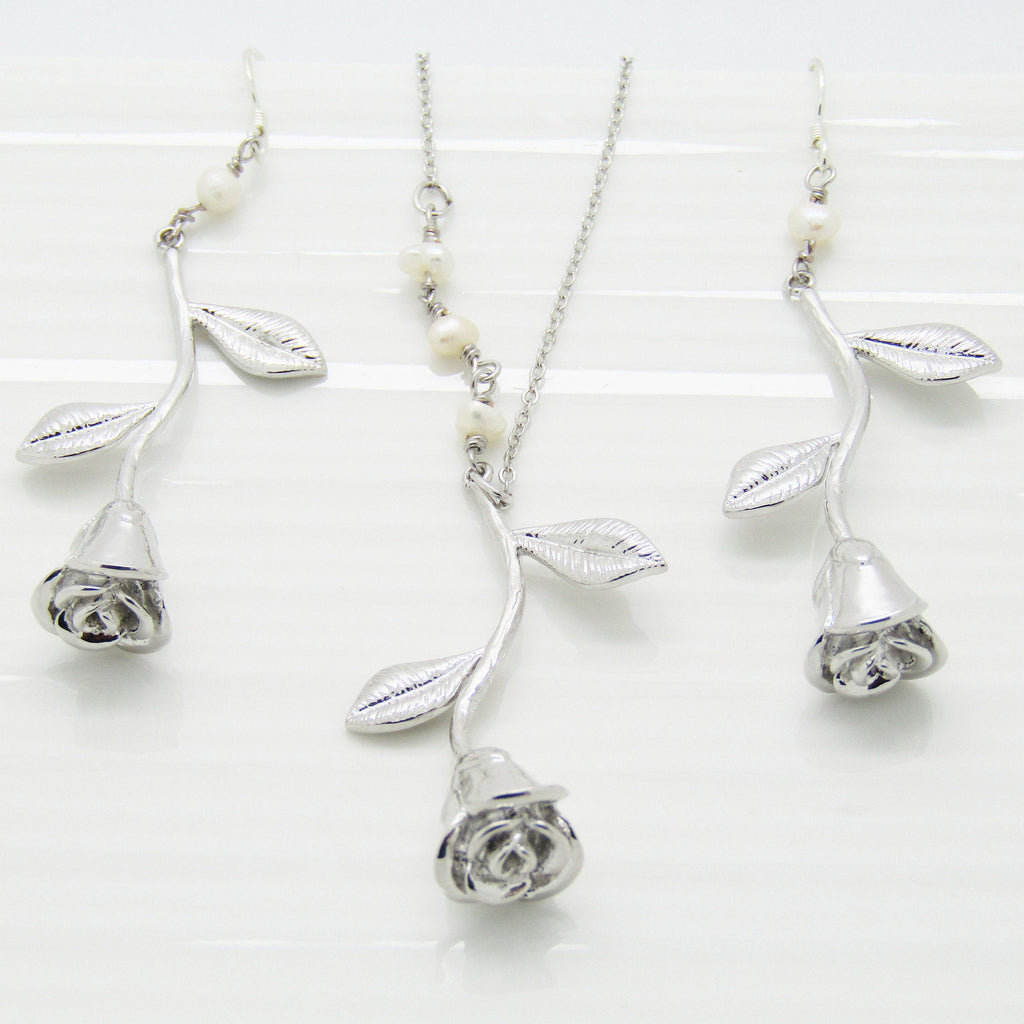 Rose Stem Pendant Necklace and Earrings Set, Silver Floral Spring Wedding Jewellery