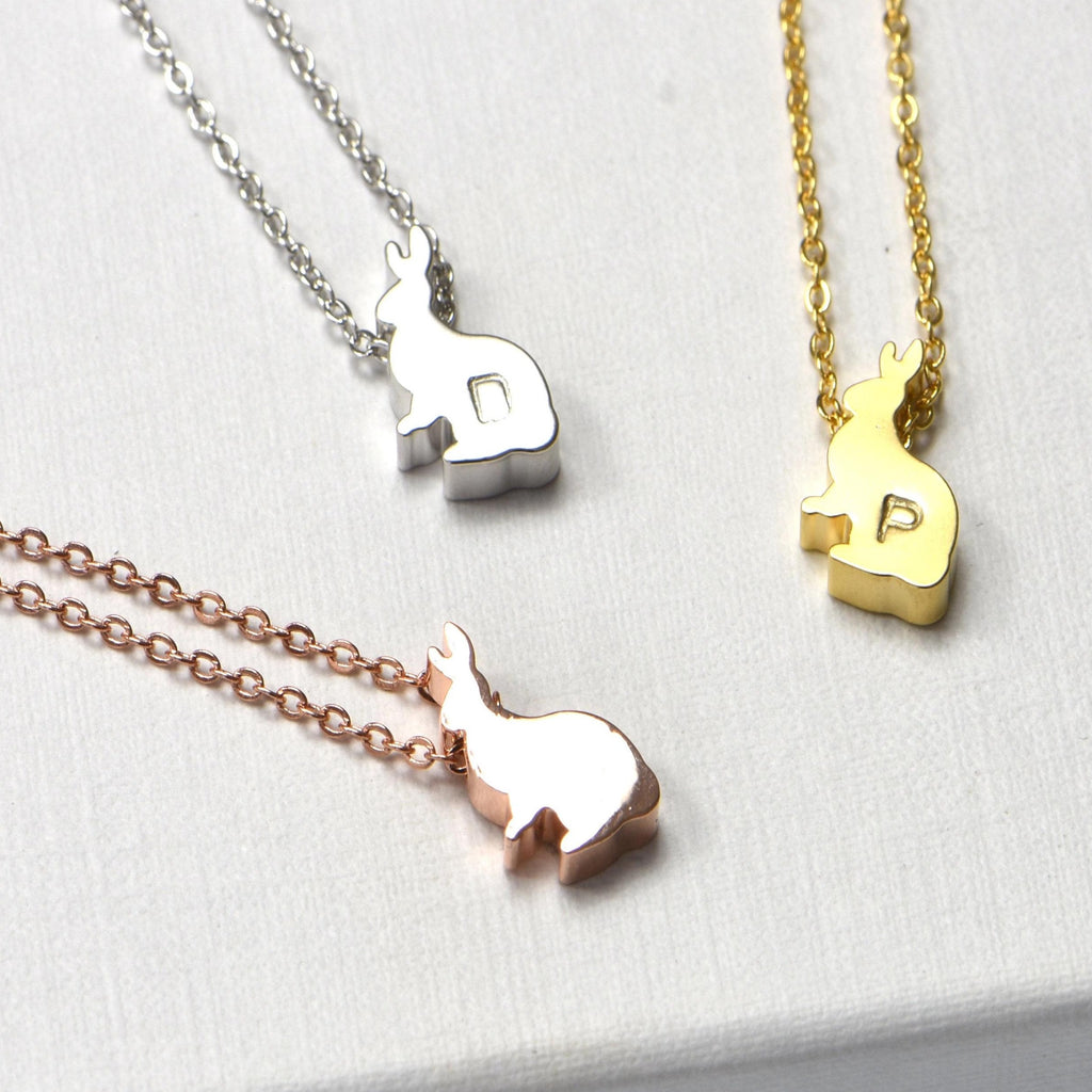 Bunny Rabbit Necklace-Initial Necklace-Easter Jewelry Necklace-Silver Rose Gold or 16k Gold Plated-Animal Nature Lover Gift-Christmas Gifts