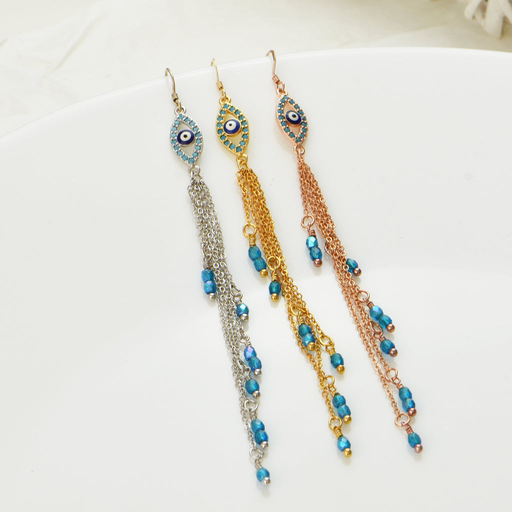 Evil Eye Earrings Extra Long Evil Eye Earrings Evil Eye Jewellery Evil Eye Gift Good Luck Gift Greek Jewelry Blue Evil Eye Earrings