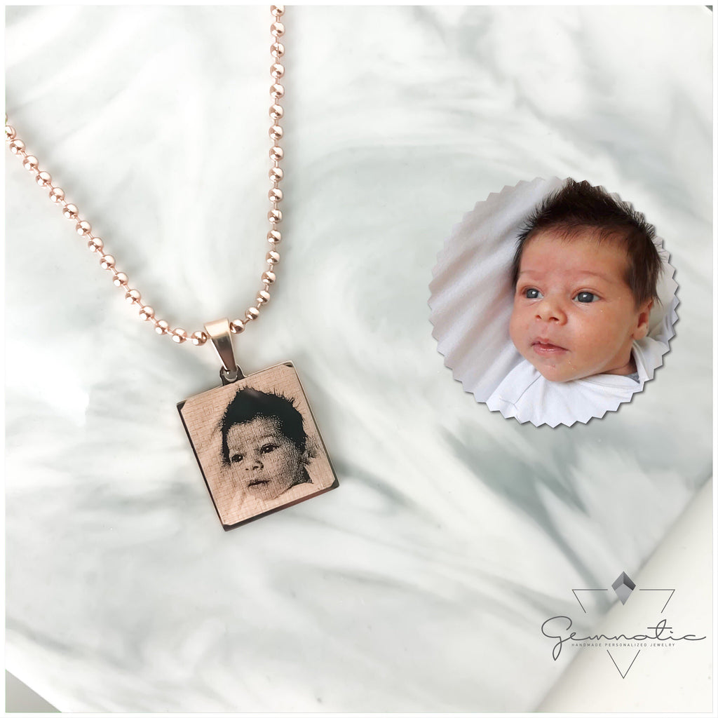 Engraved Photo Necklace Personalized Necklace Small Square Stainless Steel