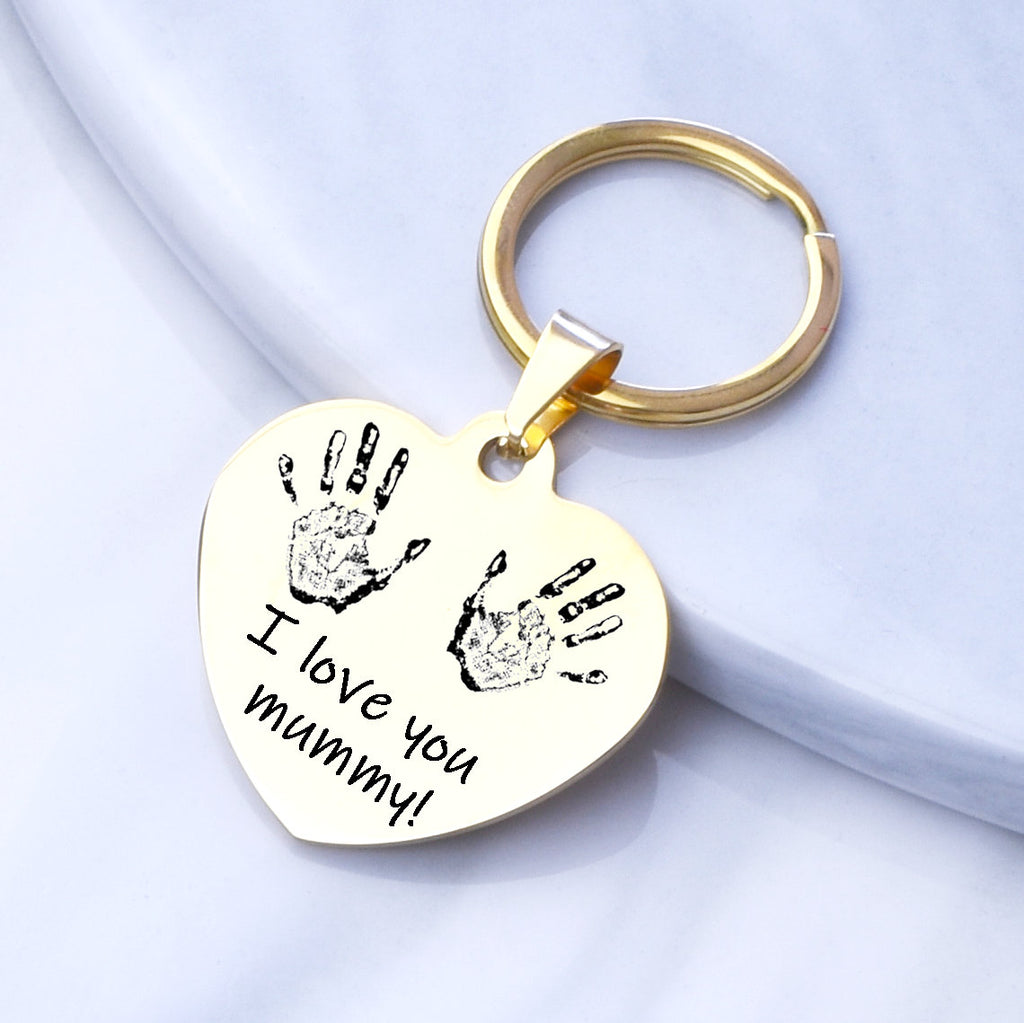 Heart Keychain Actual Fingerprint Key Chain, Hand or Foot Print Engraved Keychain
