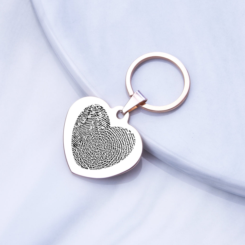 Heart Keychain Actual Fingerprint Key Chain, Hand or Foot Print Engraved Keychain