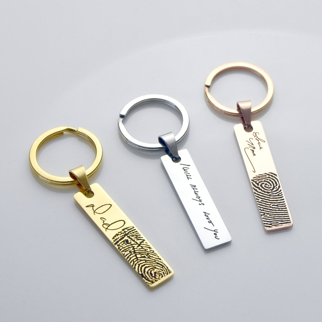 Fathers Day Gifts Personalized Keychain Custom Engraved Fingerprint Keyring Signature Gifts Gifts for Dad Handwriting Gift Memorial Keychain
