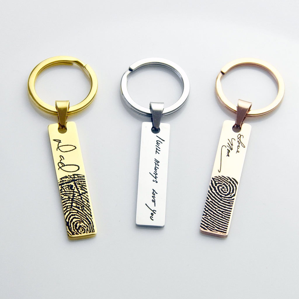 Fathers Day Gifts Personalized Keychain Custom Engraved Fingerprint Keyring Signature Gifts Gifts for Dad Handwriting Gift Memorial Keychain