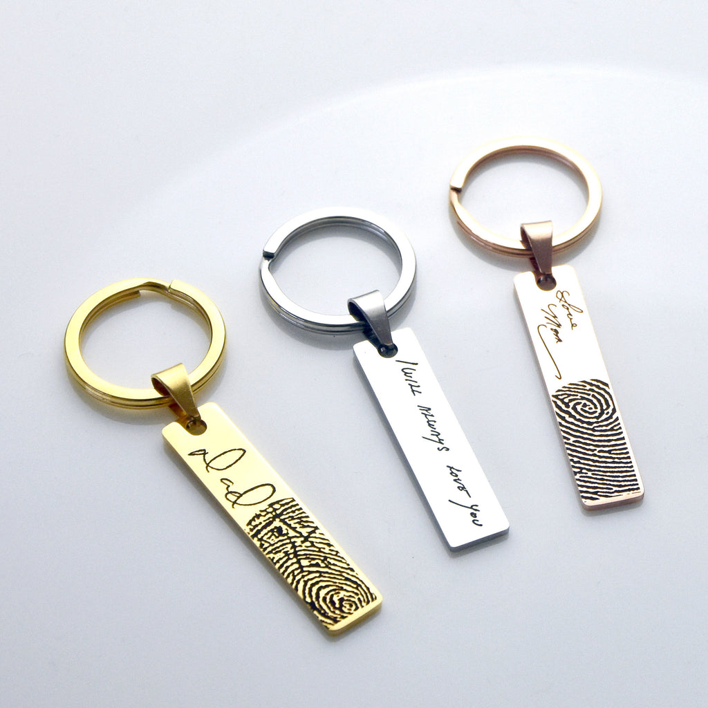 Fathers Day Gifts Personalized Keychain Custom Engraved Fingerprint Keyring Signature Gifts Gifts for Dad Handwriting Gift Memorial Keychain
