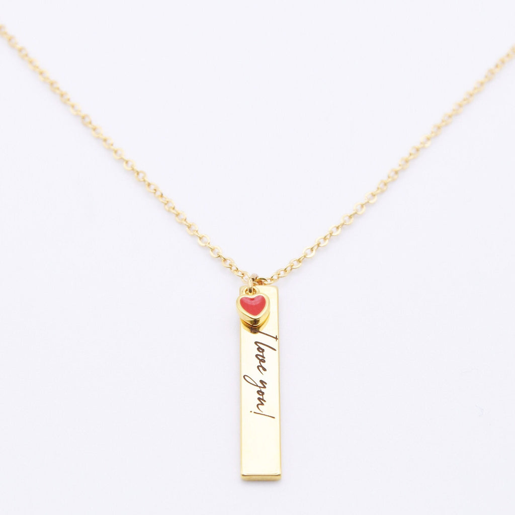 Valentines Day Gift, 16k Gold Plated Engraved Necklace, Red Heart Necklace, Gifts for Her, Womans Name Necklace, Valentines Jewelry