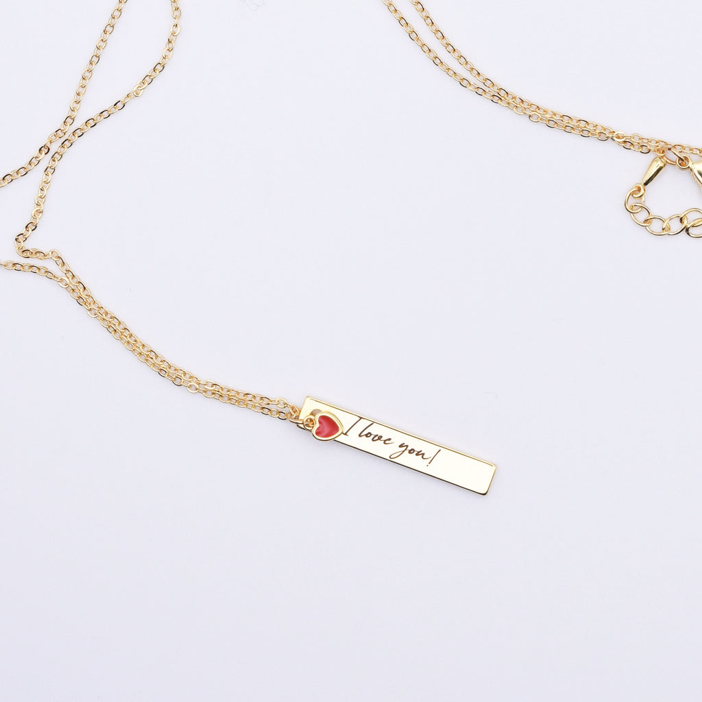 Valentines Day Gift, 16k Gold Plated Engraved Necklace, Red Heart Necklace, Gifts for Her, Womans Name Necklace, Valentines Jewelry