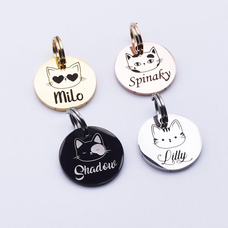 Personalised Cat Tag Small Cat or Kitten Name Tag Cute Name Tag For Cats Black Silver Gold or Rose Gold Cat Tag for Collar Engraved Cat Tag