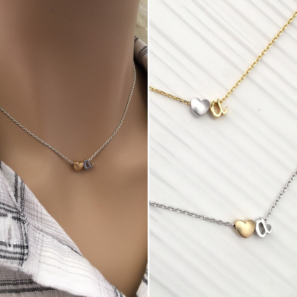 Initial Necklace Heart and Initial Necklace Two Tone Silver Gold Necklace Bridesmaid Gift Bridesmaid Jewelry Heart Necklace Gifts For Her