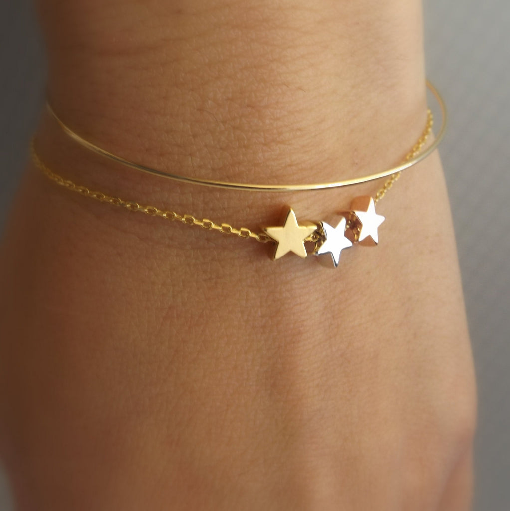 Three tone star bracelet, dainty star bracelet ,silver rose gold gold star bracelet