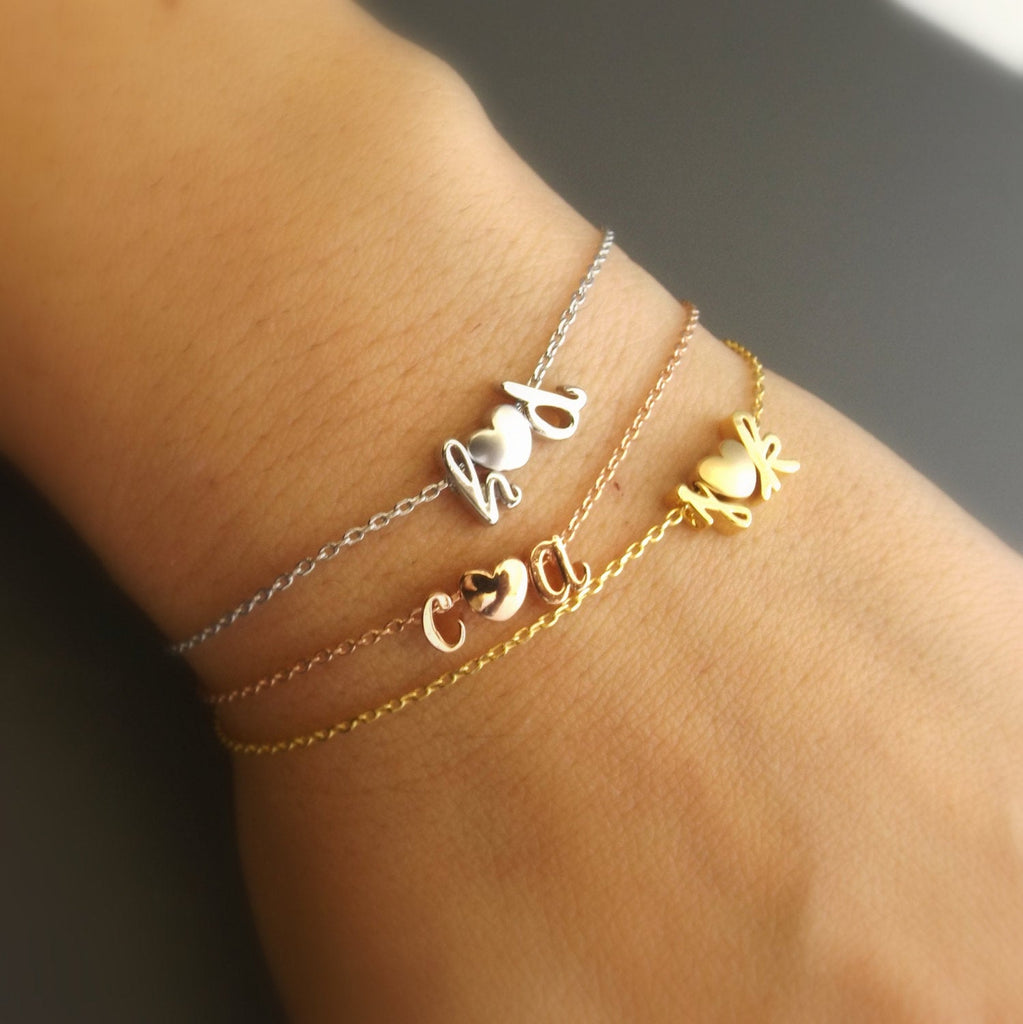 Double Initial Bracelet,Silver Rose Gold 16k Gold Plated ,Initials Bracelet