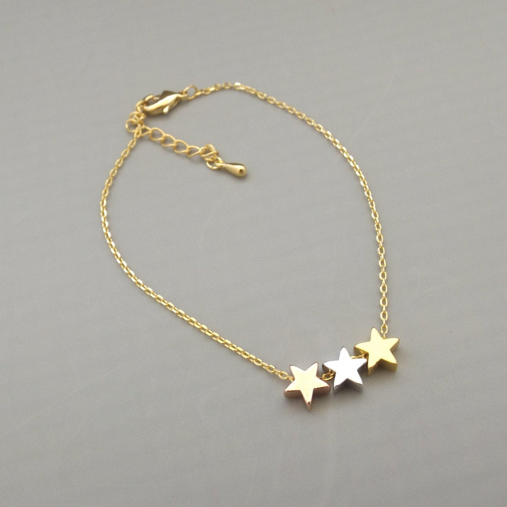 Three tone star bracelet, dainty star bracelet ,silver rose gold gold star bracelet